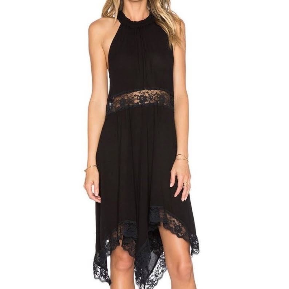 Free People Black Lace Trim Go Lightly Asymmetrical Midi Slip Dress